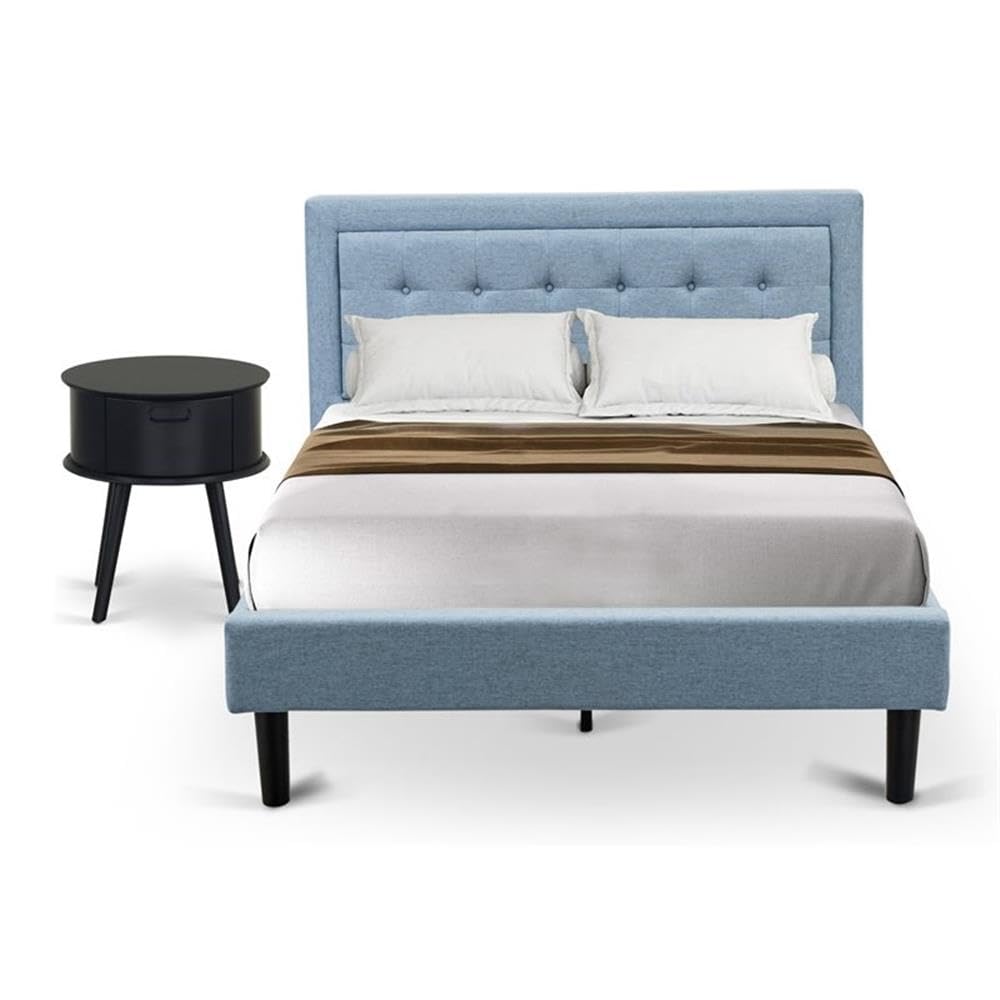 FN11F-1GO15 2-Pc Platform Full Size Bed Set with 1 Bed Frame and a Night Stand for Bedrooms - Reliable and Sturdy Construction - Denim Blue Linen Fabric
