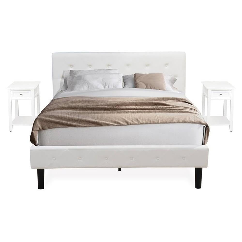 NL19Q-2DE05 3 Piece Bedroom Set - Queen Button Tufted Bed - White Velvet Fabric and Upholstered Headboard and a White Finish Nightstand