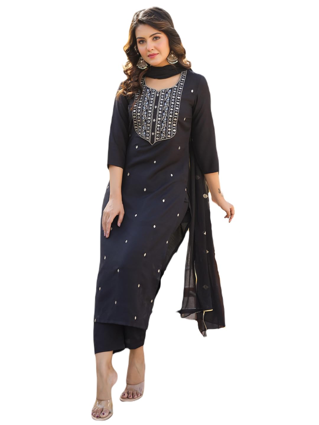 Gosriki WomenS Rayon Blend Embroidered Straight Kurta With Pant & Dupatta (Kasturi Black-Gs_4Xl_Black_Xxxx-Large)