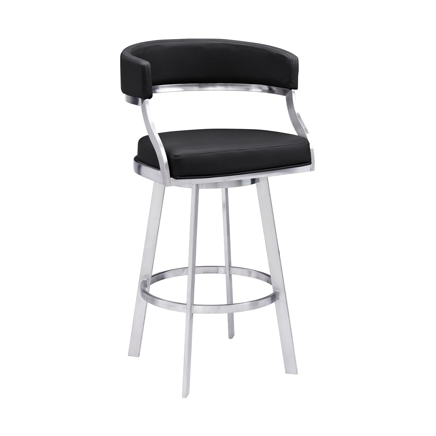 Benjara Counter Height 26 Inch Curved Seat Leatherette Swivel Barstool, Black, Silver