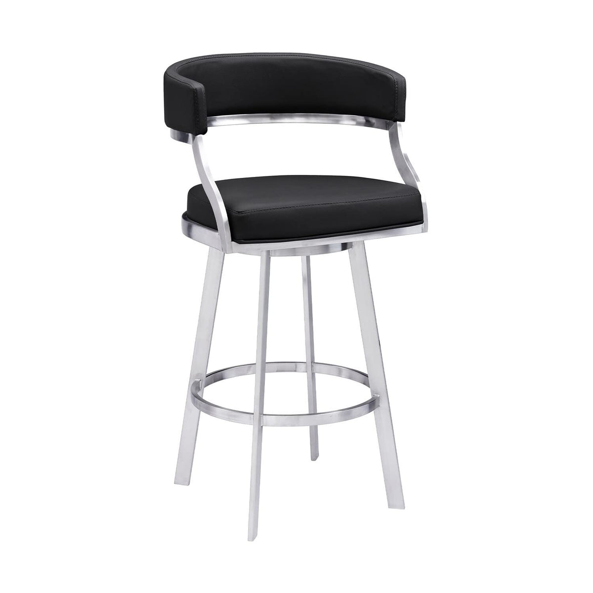 Benjara Counter Height 26 Inch Curved Seat Leatherette Swivel Barstool, Black, Silver
