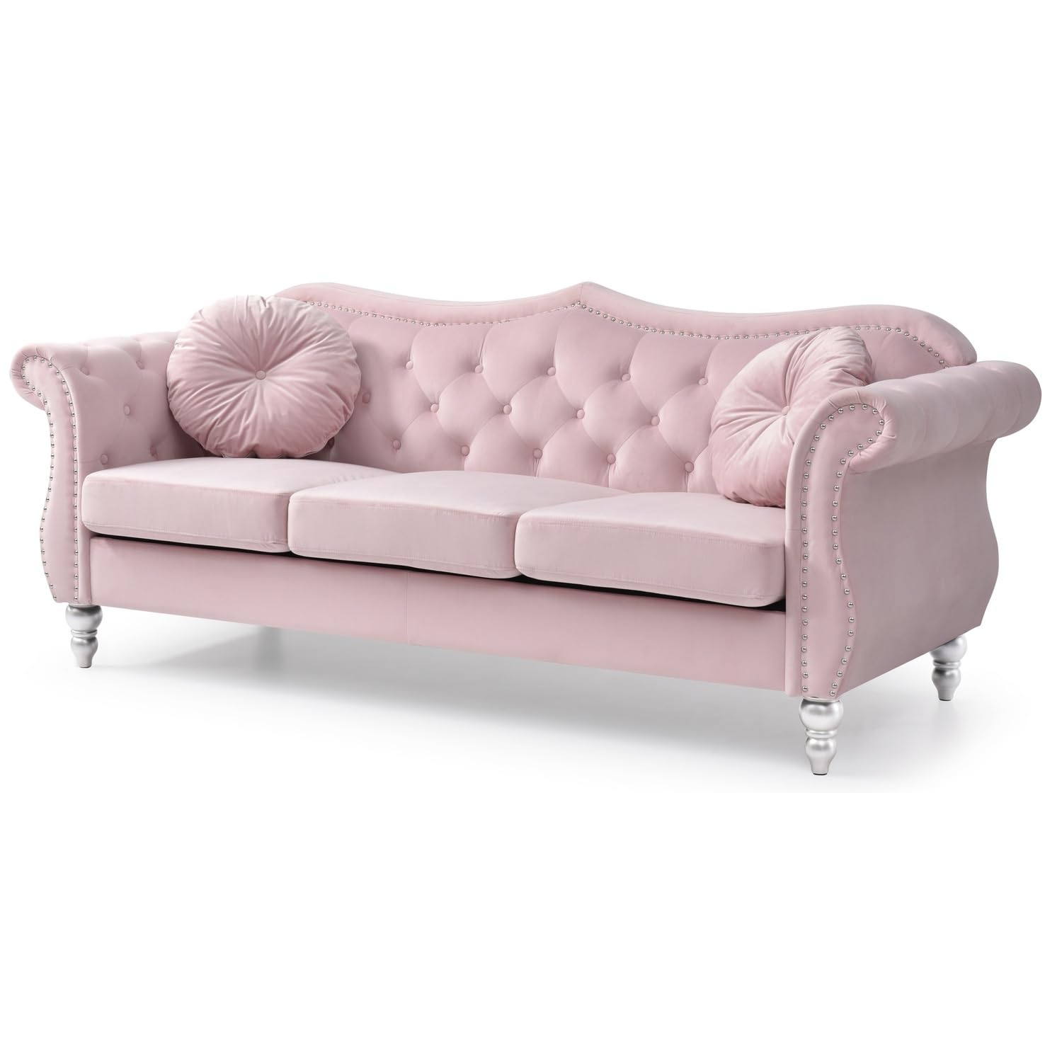 Hollywood 82 in. Pink Velvet Chesterfield 3-Seater Sofa with 2-Throw Pillow
