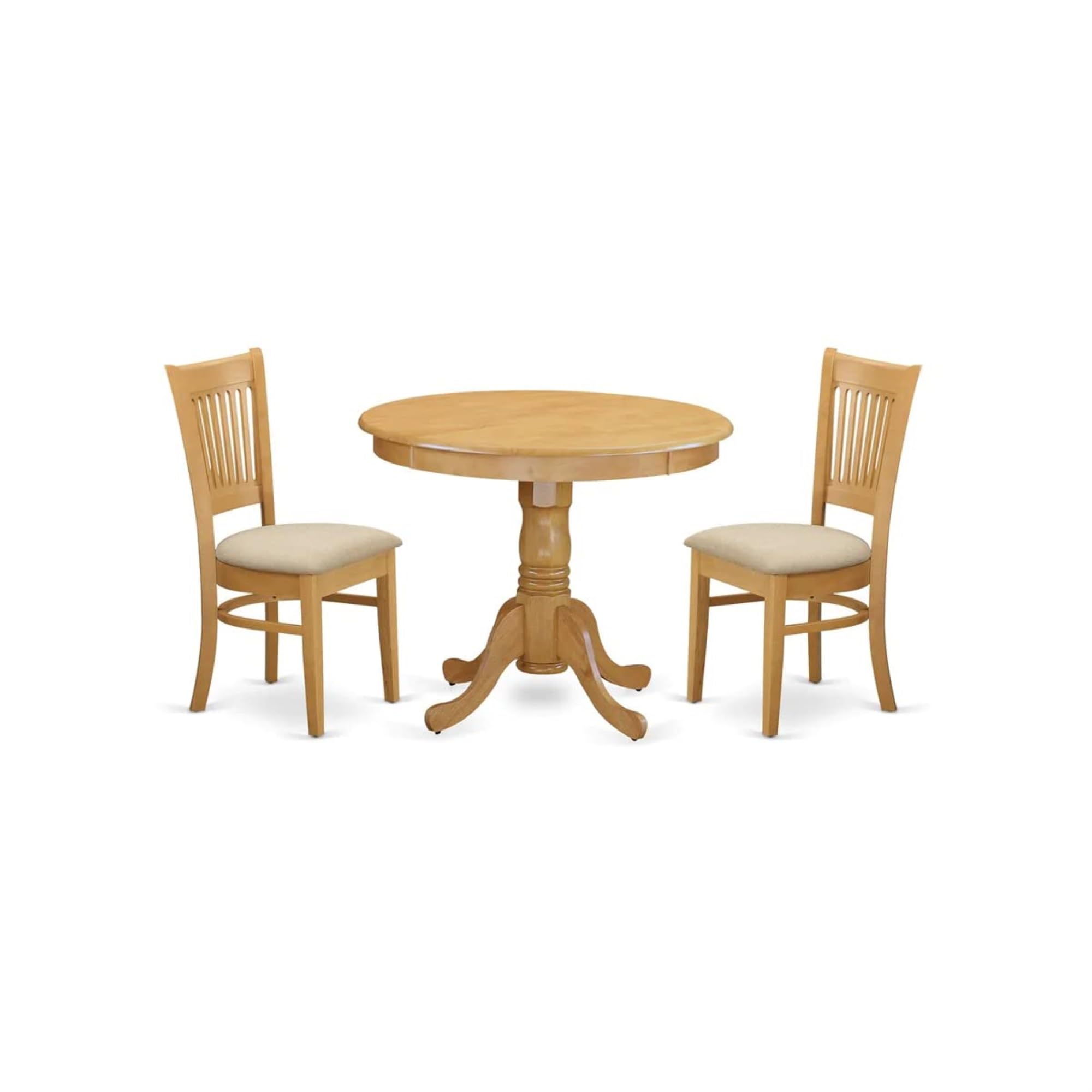 Casafoyer ANVA3-OAK-C 3 Piece Kitchen Table Set for Small Spaces Contains a Round Dining Room Table with Pedestal and 2 Linen Fabric Upholstered Chairs, 36x36 Inch, Oak
