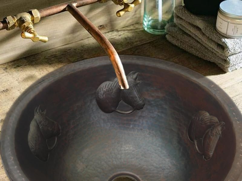 INNOVA COPPER ROUND BATH SINK HORSES DESIGN ROUND LIP 17X17X6 G18 DARK BROWN