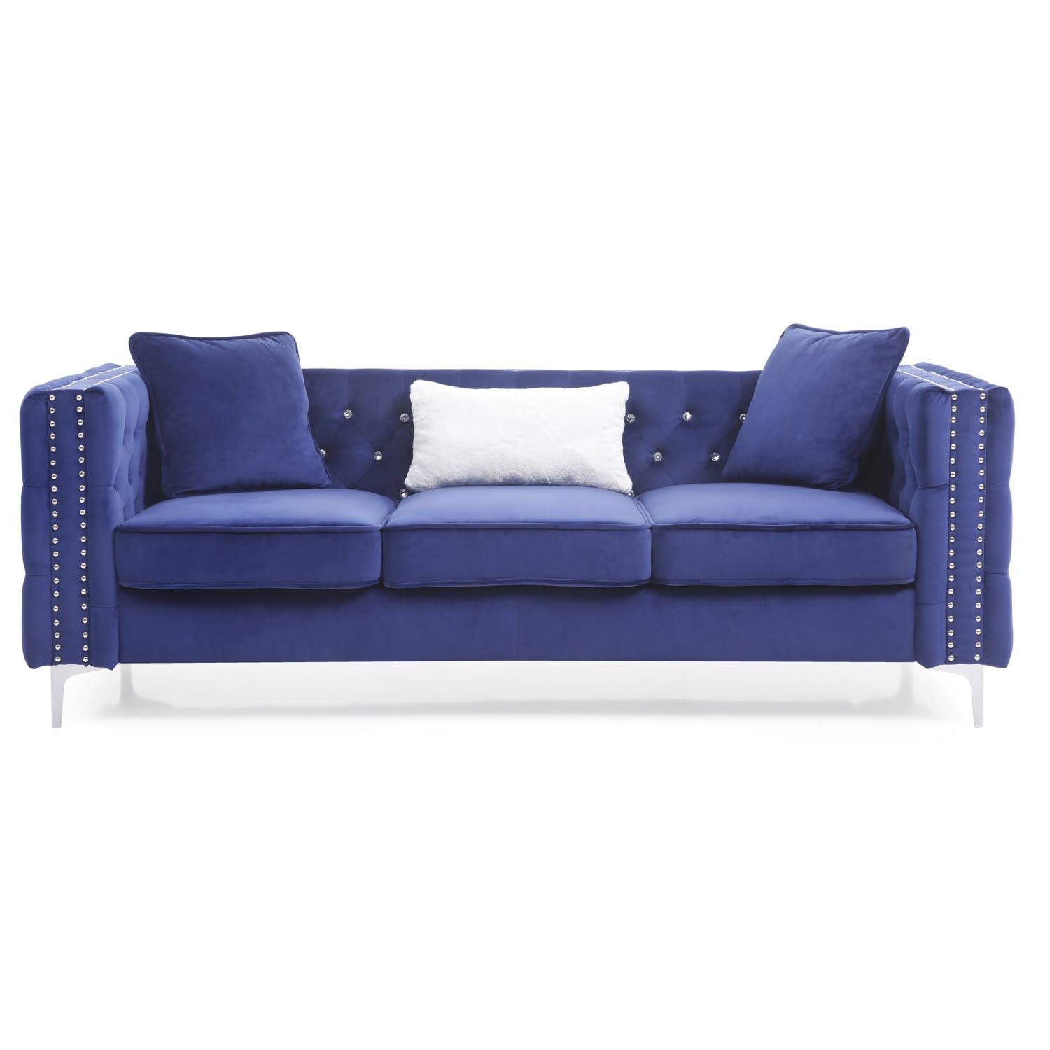 Paige 86 in. Blue Tufted Velvet 3-Seater Sofa with 2-Throw Pillow