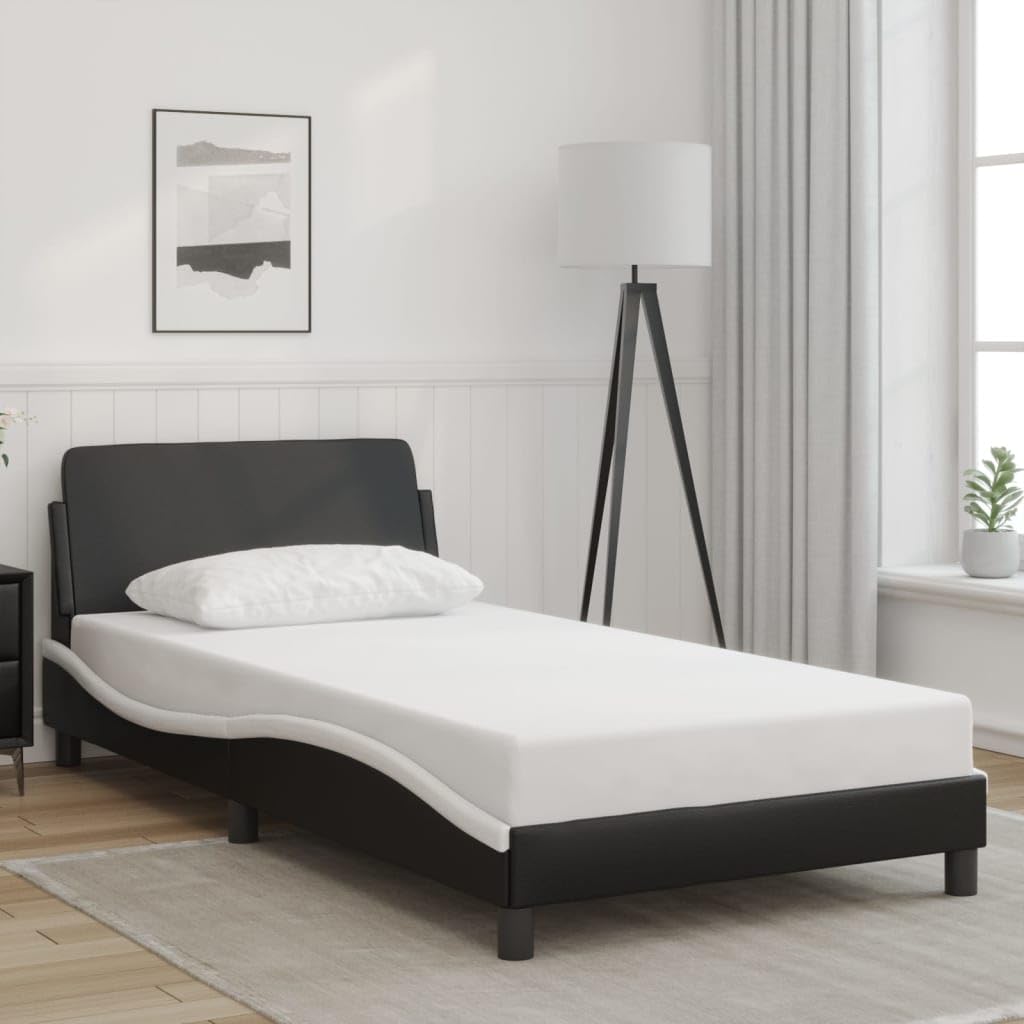 vidaXL Bed Frame with Headboard Black and White 39.4x74.8??Twin Faux Leather