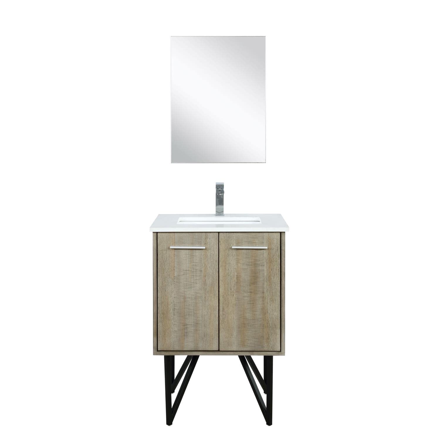 Rustic Acacia Bath Vanity 24 in. W x 20 in. D, White Quartz Top, Brushed Nickel Faucet Set and 18 in. Mirror