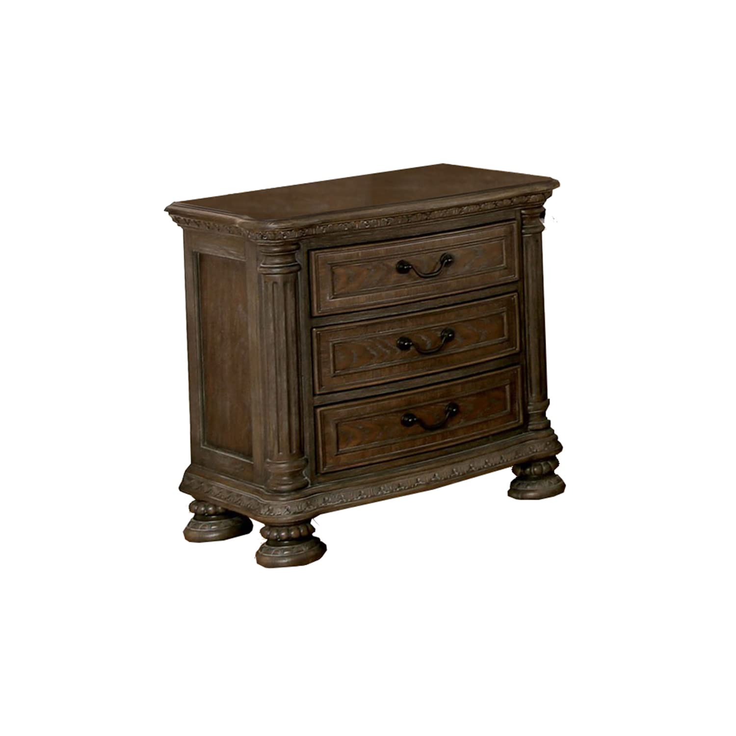 Benjara Wooden Nightstand With 3 Drawers And Intricate Carving Details, Brown