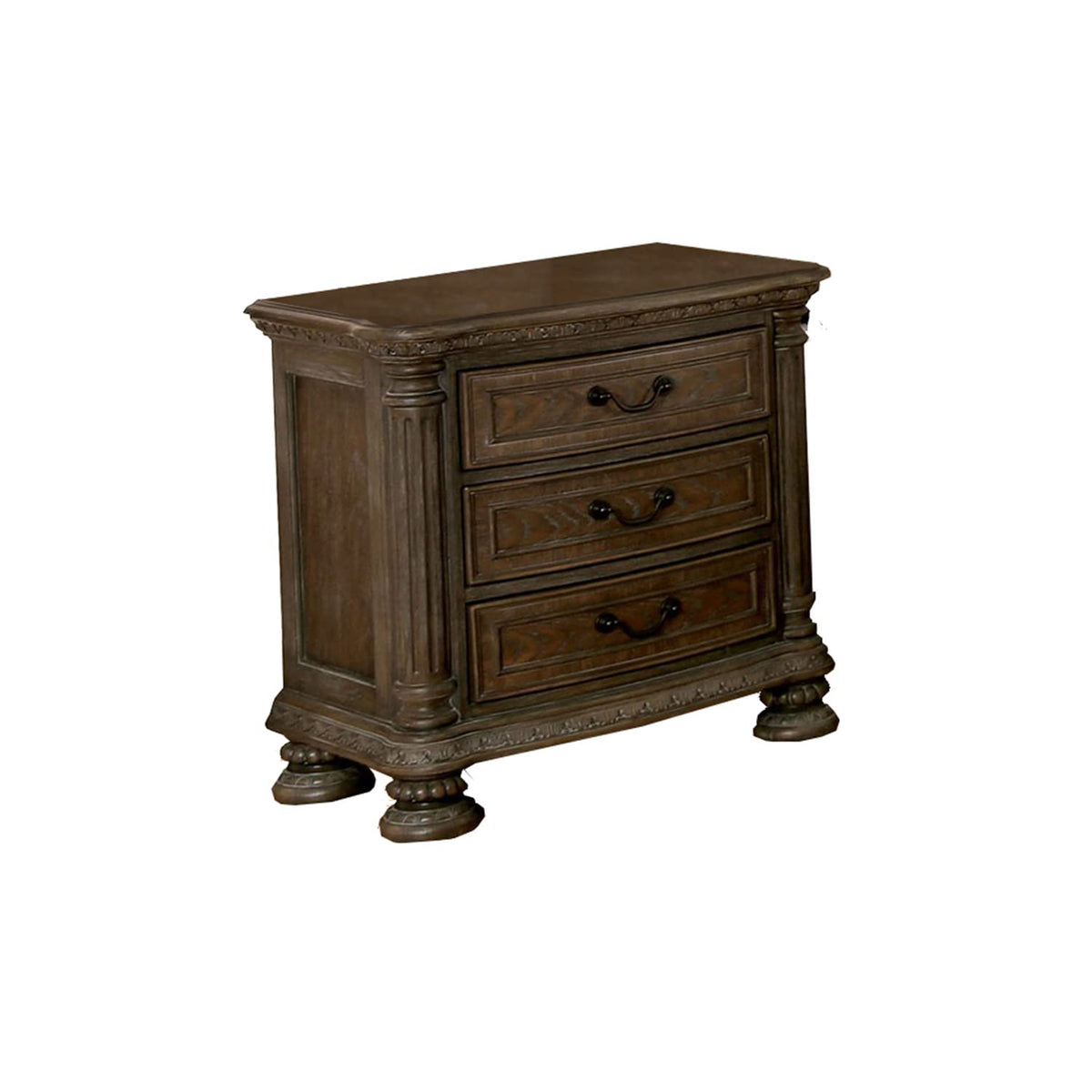 Benjara Wooden Nightstand With 3 Drawers And Intricate Carving Details, Brown