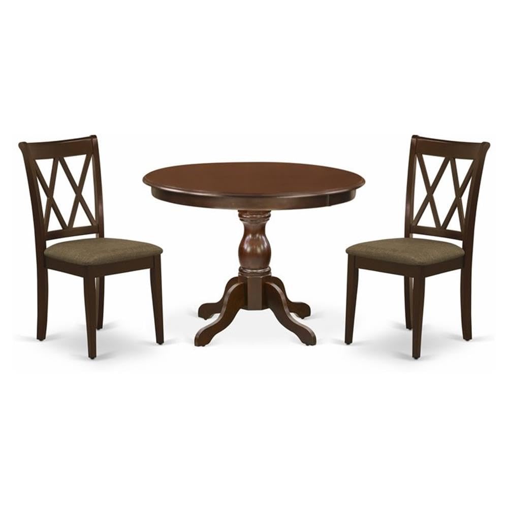 East West Furniture HBDA3-MAH-C 3 Piece Modern Dining Table Set - Mahogany Wood Table and 2 Mahogany Linen Fabric Kitchen Chairs with Slatted Back - Mahogany Finish