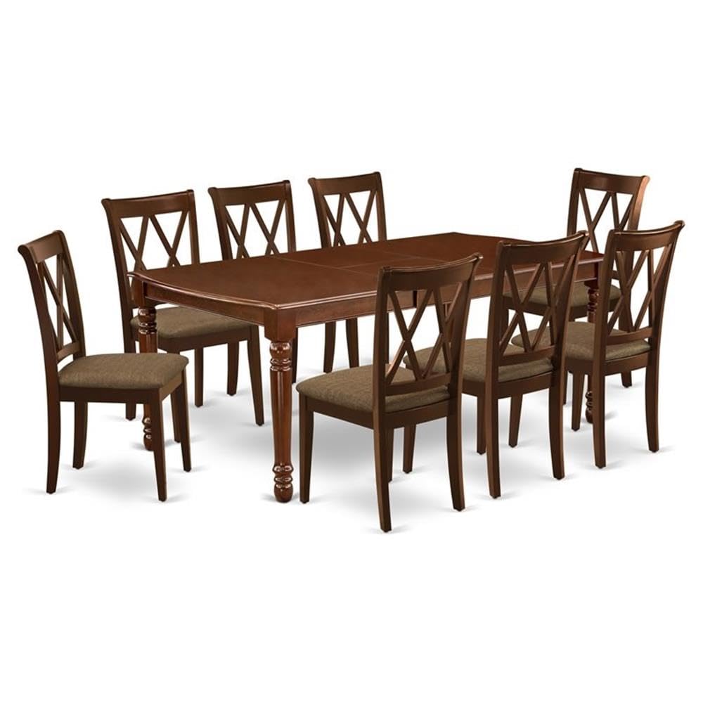 DOCL9-MAH-C 9Pc Dining Set Includes a Rectangle Dinette Table with Butterfly Leaf and Eight Double X Back Linen seat Kitchen Chairs, Mahogany Finish