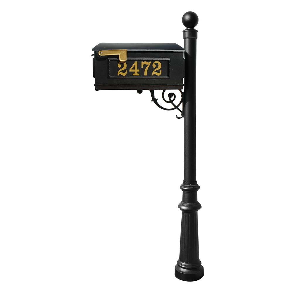 Lewiston Equine Mailbox Post System with decorative fluted base, ball finial and Gold Vinyl personalized numbers , Black
