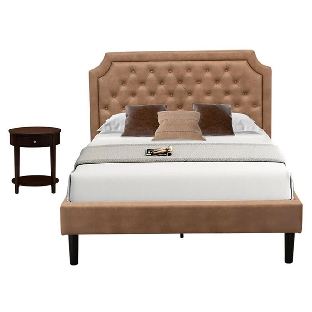 GB28F-1HI0M 2-Piece Platform Full Bed Set with Button Tufted Bed Frame and an Antique Mahogany Mid Century Modern Nightstand - Brown Faux Leather with Brown Texture and Black Legs
