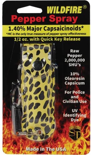 Wildfire 1.4% MC 1/2 oz pepper spray fashion leatherette holster and quick release keychain cheetah black/yellow