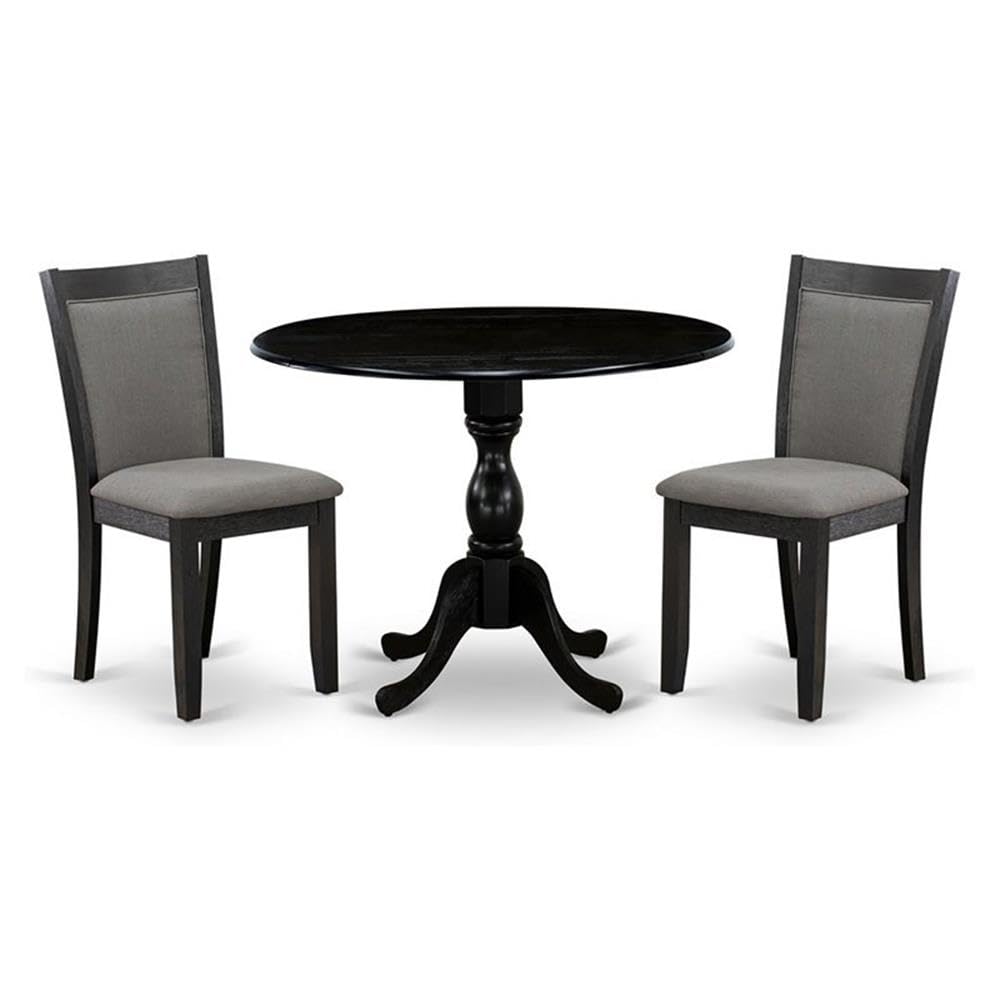 East West Furniture 3-Pc Dinette Set Includes a Wood Dining Table with Drop Leaves and 2 Dark Gotham Grey Linen Fabric Kitchen Chairs - Wire Brushed Black Finish