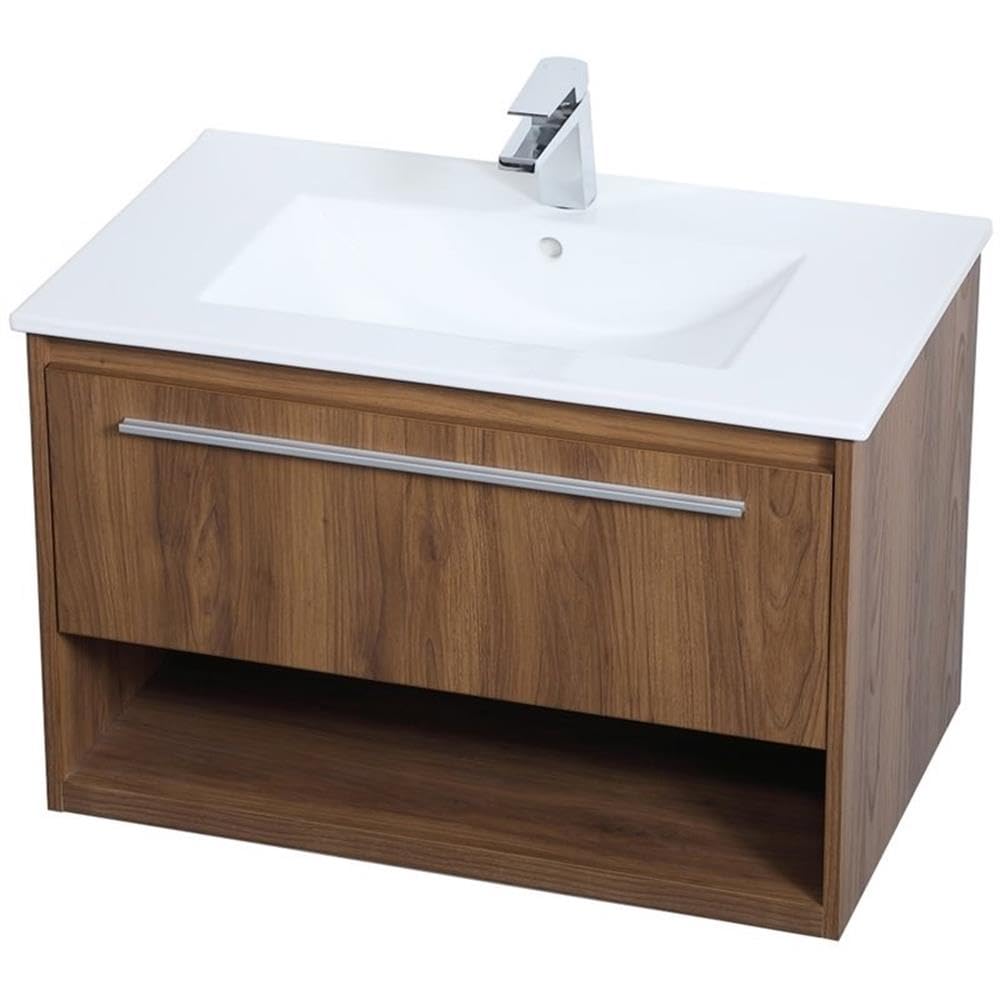 Elegant Decor Kasper 30' Single Porcelain Top Floating Bathroom Vanity In Walnut
