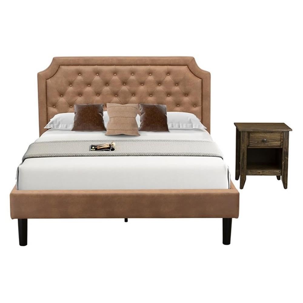 GB28Q-1GA07 2-Pc Granbury Queen Bed Set Furniture with Button Tufted Wood Bed Frame and 1 Distressed Jacobean Nightstand - Brown Faux Leather with Brown Texture and Black Legs