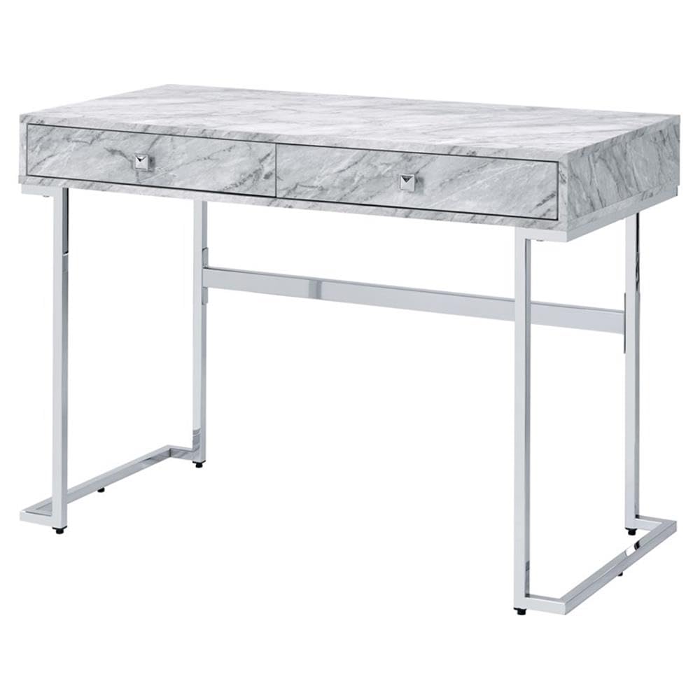 Writing Desk, White Printed Faux Marble & Chrome Finish