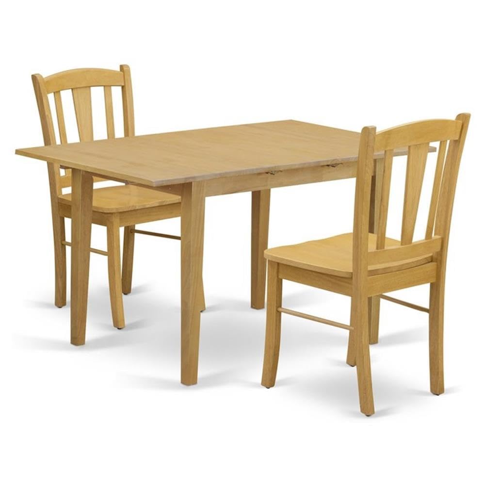NFDL3-OAK-W - 3-Piece Dining Room Table Set- 2 Wooden Chairs with Wooden Seat and Slatted Chair Back - Butterfly Leaf Rectangular Table - Oak Finish