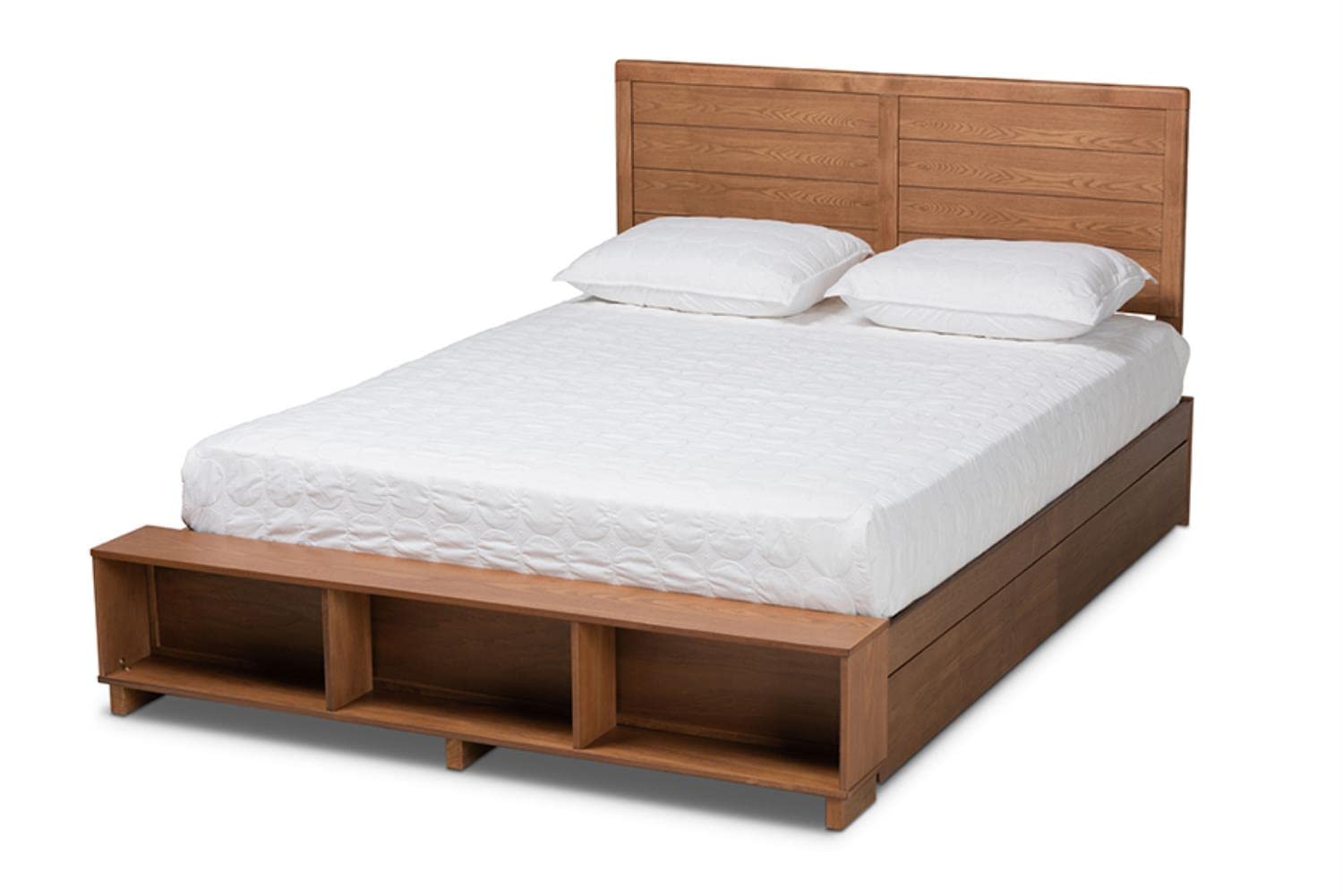 Baxton Studio Alba Modern Transitional Ash Walnut Brown Finished Wood Queen Size 4-Drawer Platform Storage Bed With Built-In Shelves