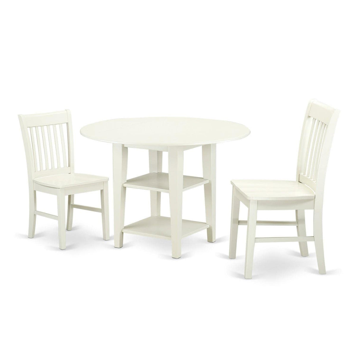 East West Furniture Suno3-Lwh-W 3 Piece Room Furniture Set Contains A Round Kitchen Table With Dropleaf & Shelves And 2 Dining C