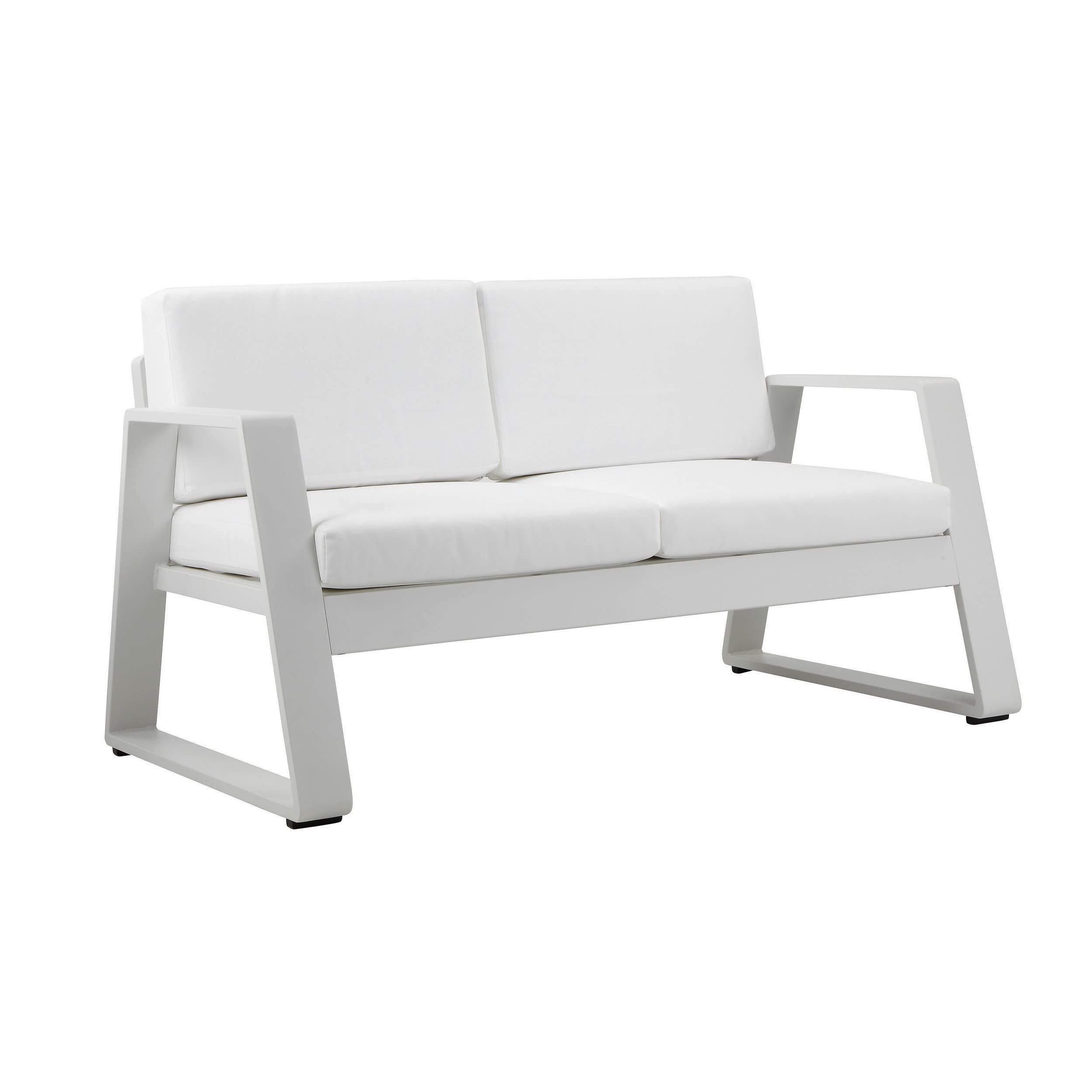 Xia 57 Inch Outdoor Sofa, White Aluminum, Fade Resistant Fabric Cushions