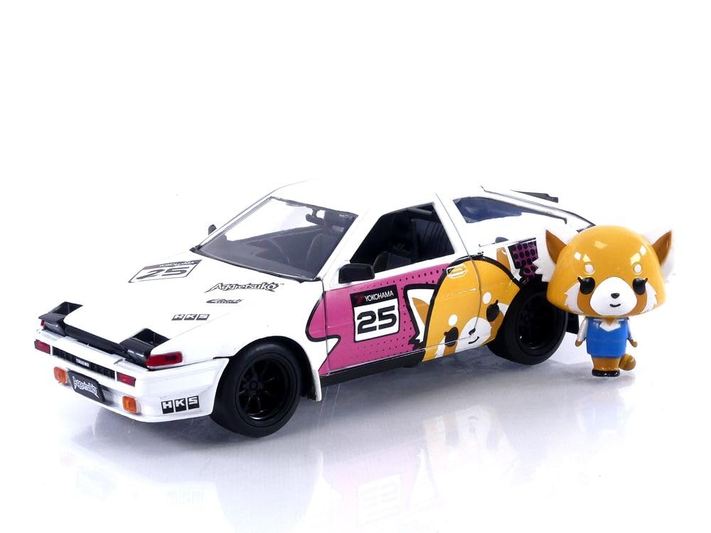 1986 Toyota Trueno (AE86) RHD (Right Hand Drive) #25 White with Graphics and Aggretsuko Diecast Figure Aggretsuko ?Anime Hollywood Rides? Series 1/24 Diecast Model Car by Jada