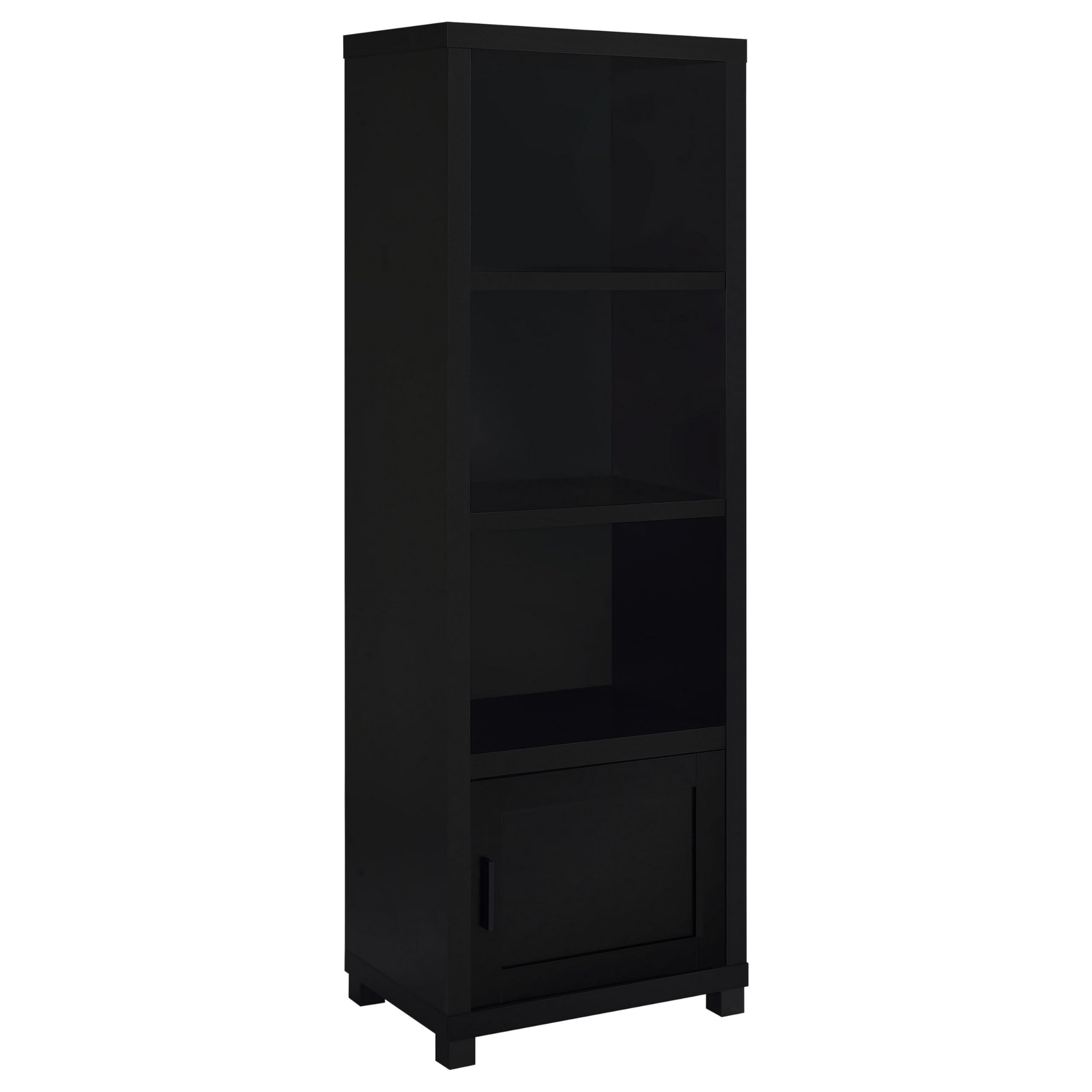Janice Media Tower Bookcase, 3 Shelves, 1 Storage Cabinet,  Black Finish