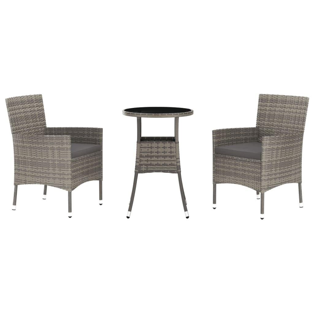 Vidaxl 3-Piece Gray Poly Rattan Patio Bistro Set With Cushions - Powder-Coated Steel Frame For Durability, Comfortable Seating With Armrests, Versatile And Stylish Outdoor Furniture Collection