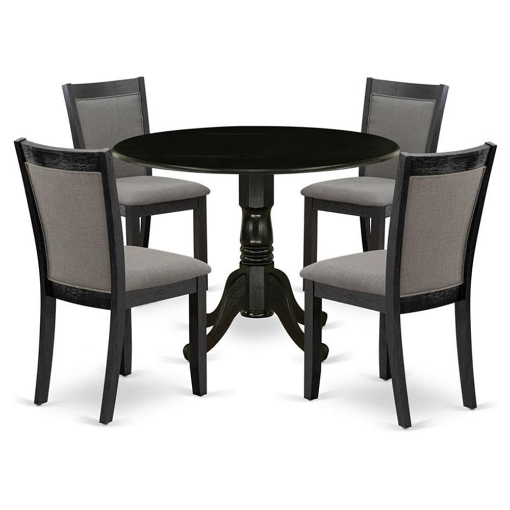 East West Furniture 5-Piece Modern Dining Table Set Consists of a Dining Table with Drop Leaves and 4 Dark Gotham Grey Linen Fabric Dining Chairs - Wire Brushed Black Finish