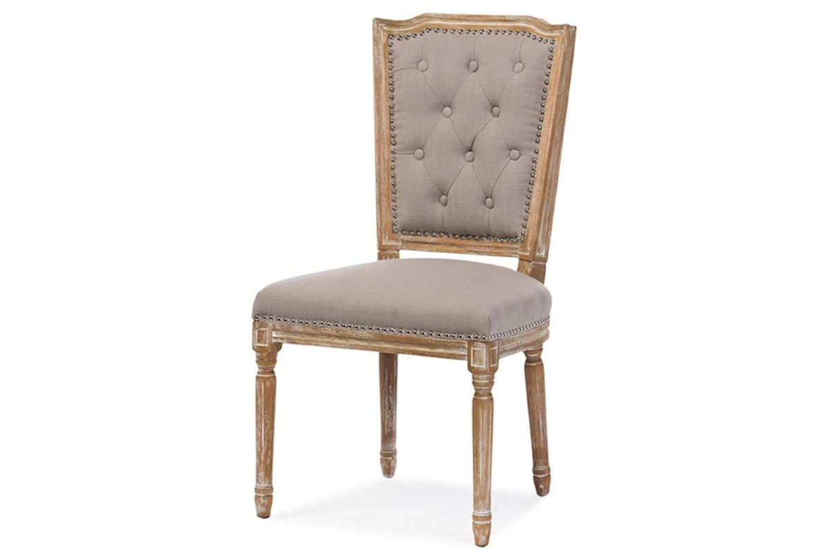 Baxton Studio Estelle Shabby Chic Rustic French Country Cottage Weathered Oak Linen Button Tufted Upholstered Dining Chair, Medi