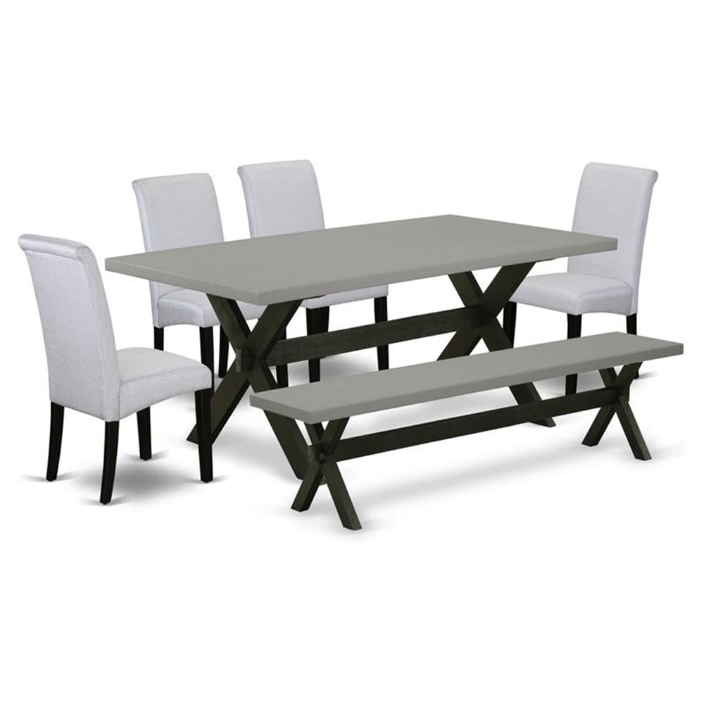 East West Furniture 6 Piece Dining Room Table Set Contains a Cement Dining Table and a Dinning Bench, 4 Grey Linen Fabric Upholstered Chairs with High Back - Wire Brushed Black Finish