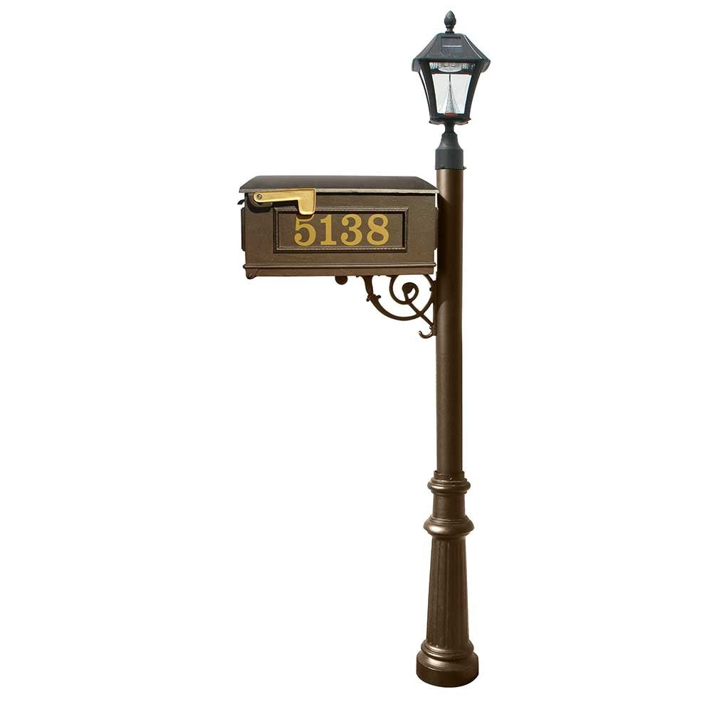 Mailbox, Post in bronze color, w/ Vinyl numbers on mailbox, bronze support brace, bronze fluted base, and black Bayview solar lamp