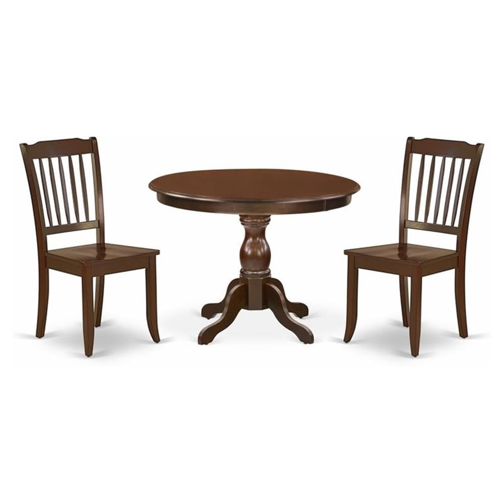 East West Furniture HBDA3-MAH-W 3 Piece Kitchen Set - Mahogany Dining Table and 2 Mahogany Wooden Dining Chairs with Slatted Back - Mahogany Finish