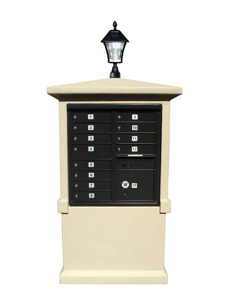 Estateview stucco CBU Mailbox Center, TALL pedestal (column only) in Sandstone Color with Bayview Solar Lamp