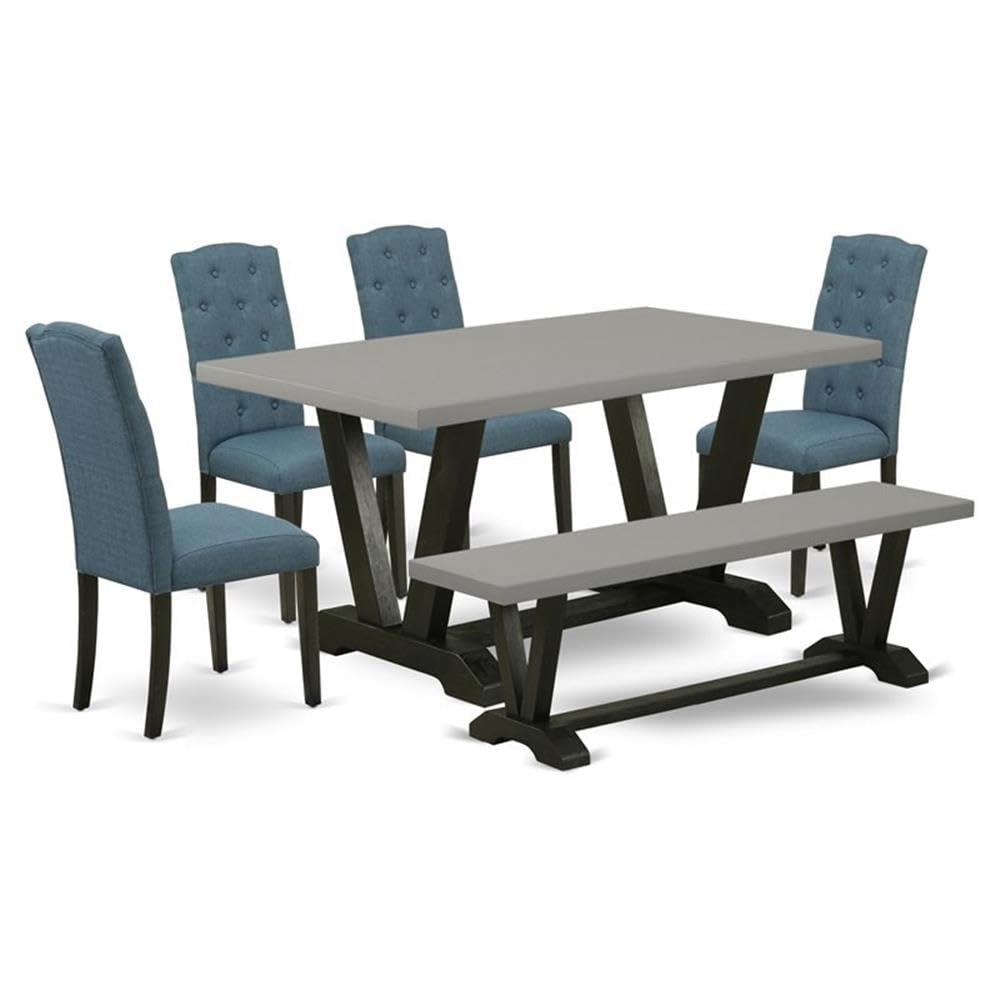 East West Furniture V696CE121-6 6 Pc Table Set Consists of a Cement Kitchen Table and a Dining Room Bench, 4 Blue Linen Fabric Modern Dining Chairs with Button Tufted Back - Wire Brushed Black Finish