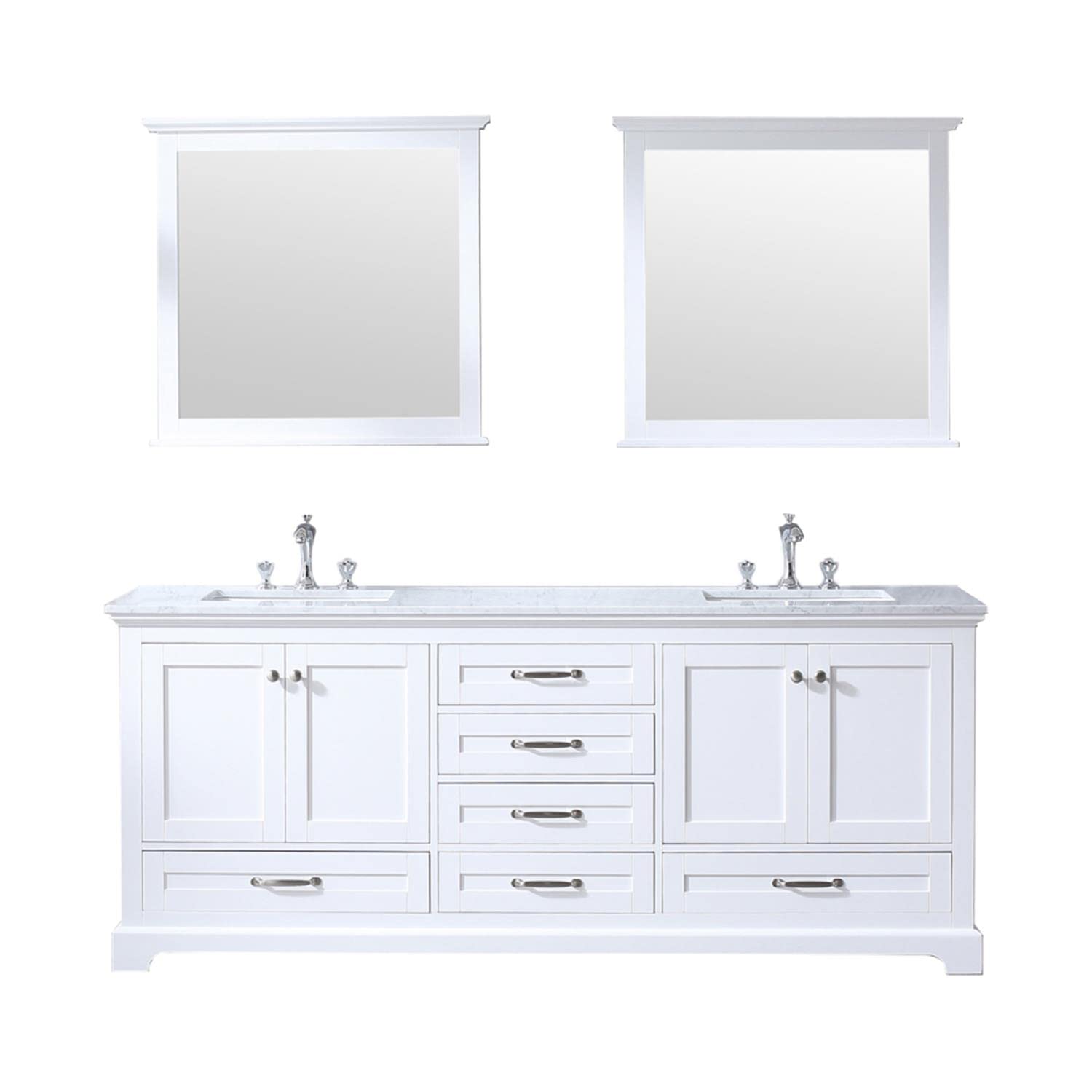 White Double Bath Vanity 80 in. W x 22 in. D, Carrara Marble Top, Faucet Set, and 30 in. Mirrors