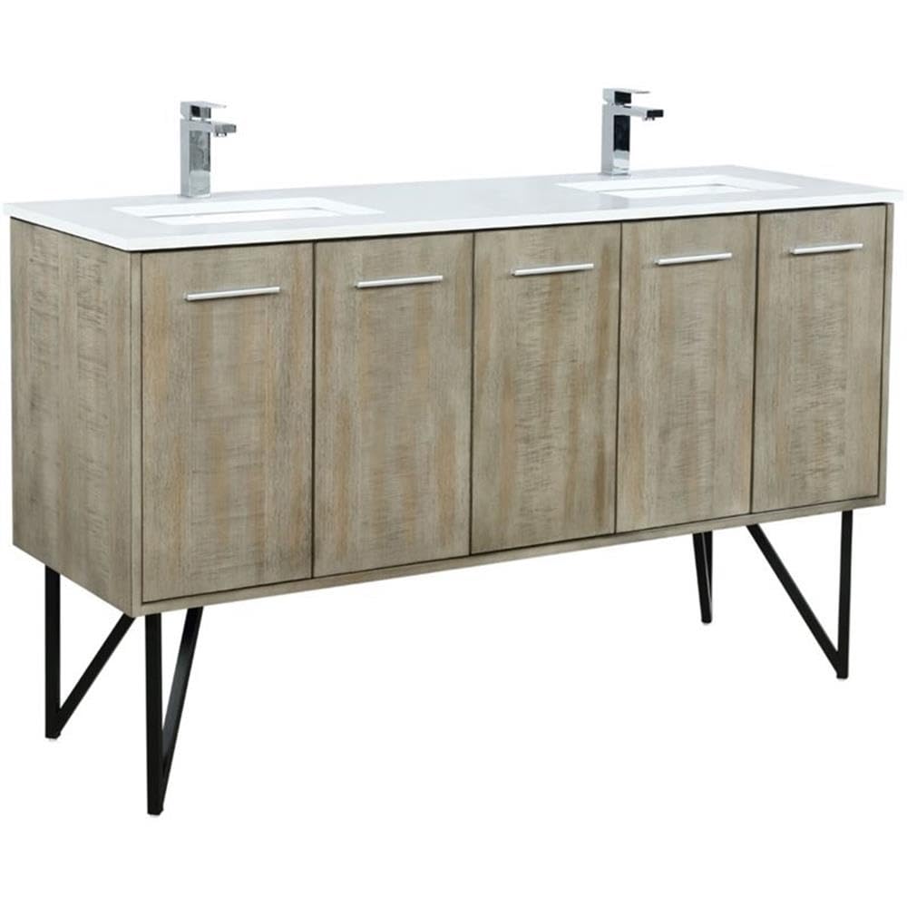 Rustic Acacia Double Bath Vanity 60 in. W x 20 in. D, White Quartz Top and Brushed Nickel Faucet Set