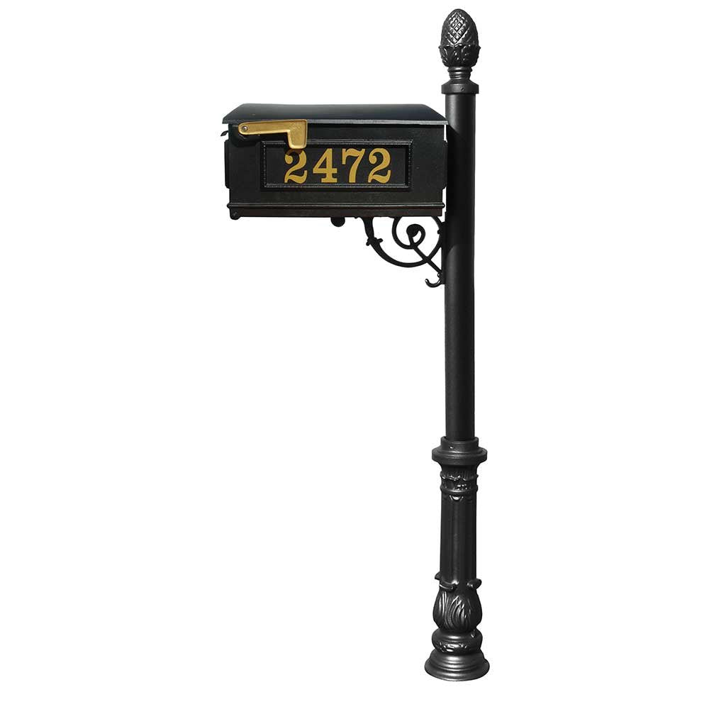 Lewiston Equine Mailbox Post System with decorative ornate base, pineapple finial and Gold Vinyl personalized numbers , Black