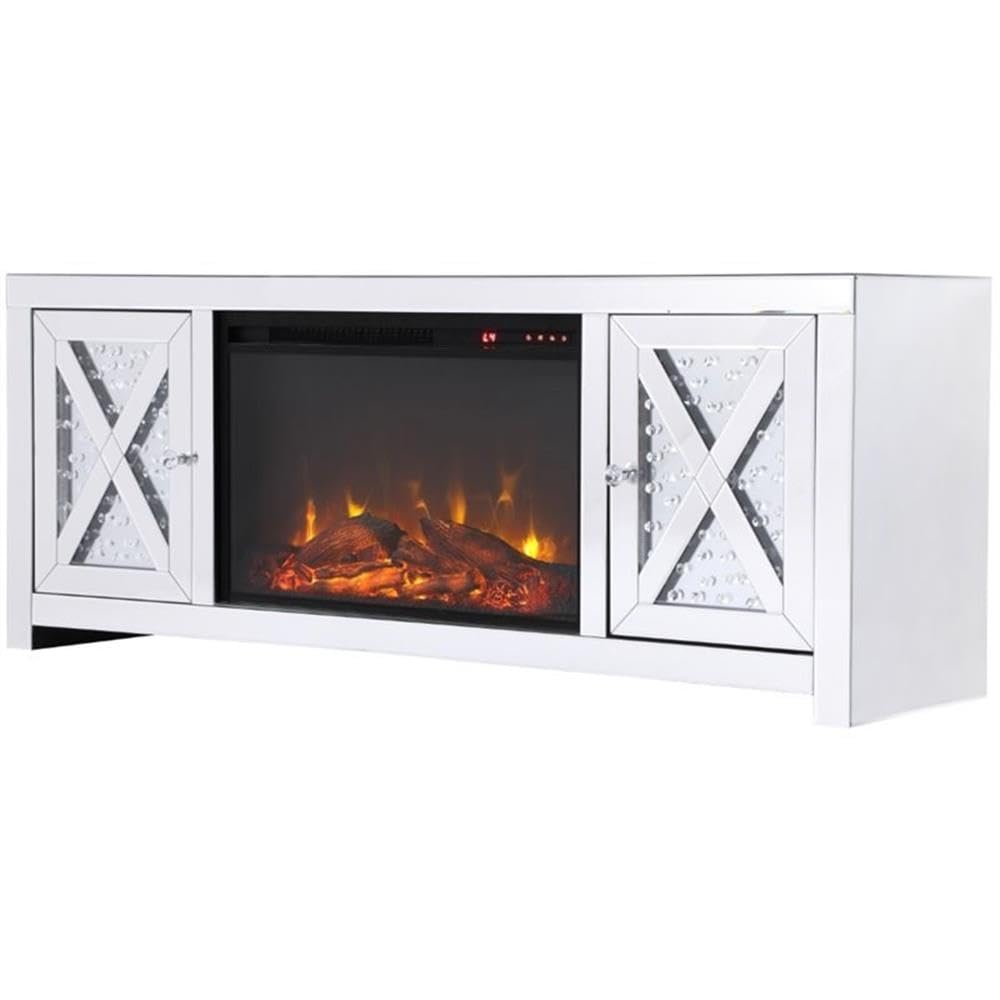 59 in. crystal mirrored TV stand with wood log insert fireplace