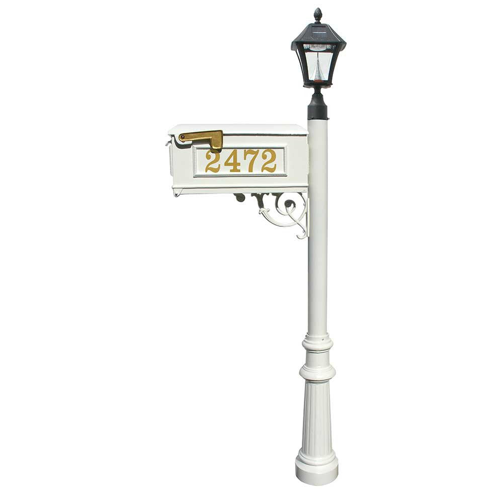 Mailbox, Post in white color, w/ Vinyl numbers on mailbox, white support brace, white fluted base, and black Bayview solar lamp