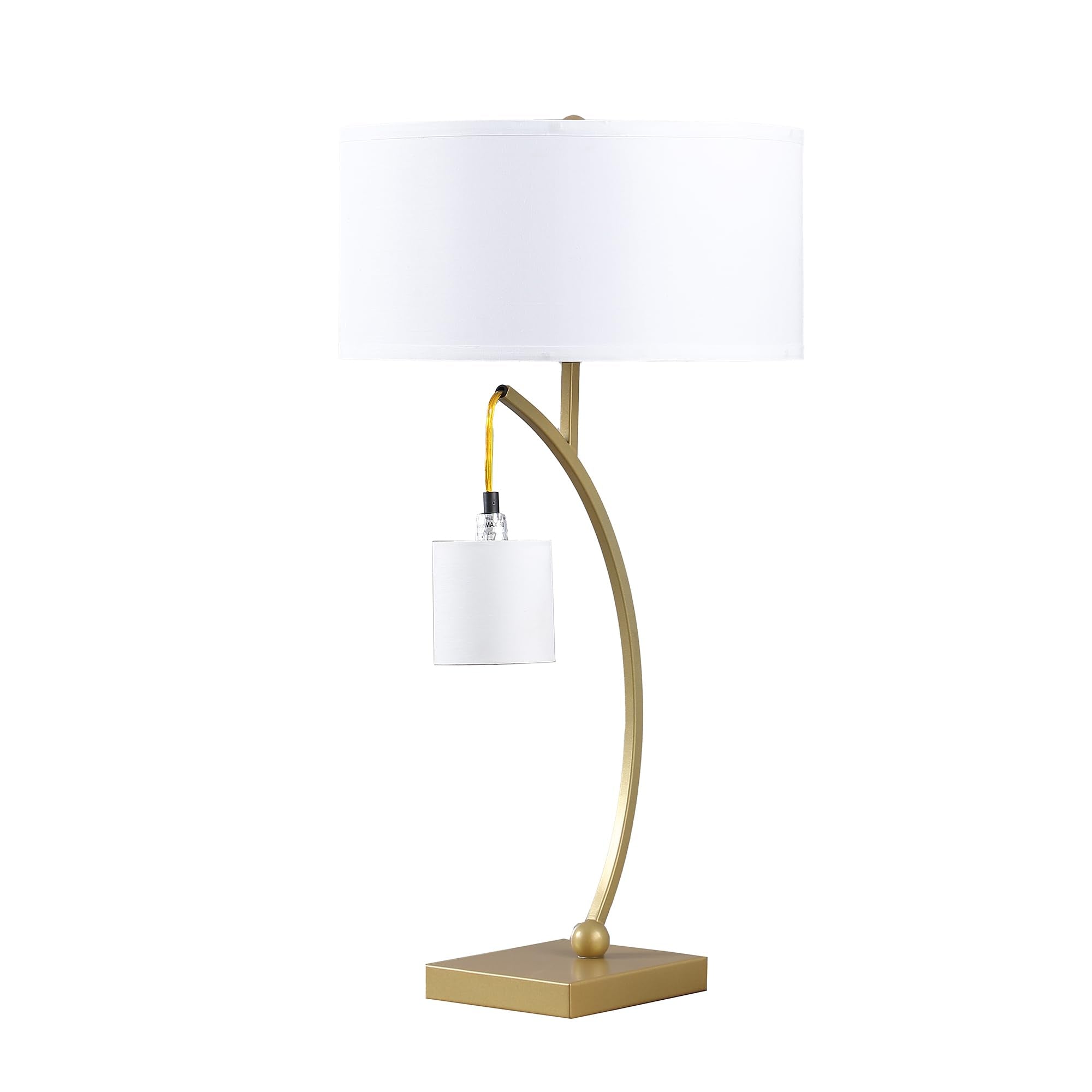 Jiya 29 Inch Arc Table Lamp, Hanging Design, 2 White Drum Shades, Gold