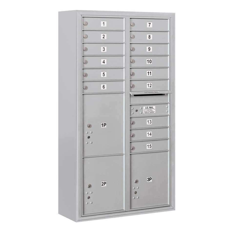 Maximum Height Surface Mounted 4C Horizontal Mailbox with 15 Doors and 3 Parcel Lockers in Aluminum with USPS Access