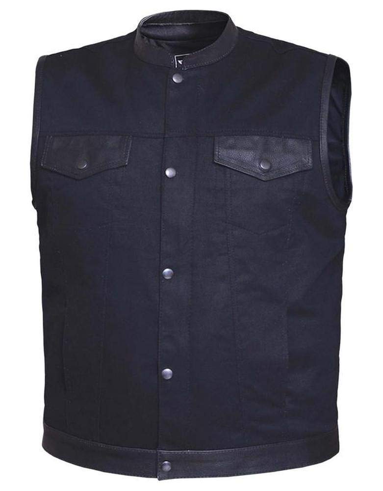 Mens Matt Black Denim Vest with Leather Trim,Black,Size - XL