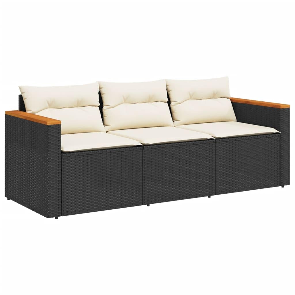 Vidaxl Patio Sofa With Cushions - 3-Seater Outdoor Sofa, Black Pe Rattan, Acacia Wood, Comfortable Cream White Padded Cushions, Uv Resistant, Removable Covers