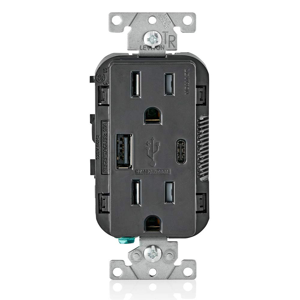 Leviton T5633-E 15-Amp Type A & Type-C Usb Chargertamper Resistant Outlet, Not For Laptops, Black