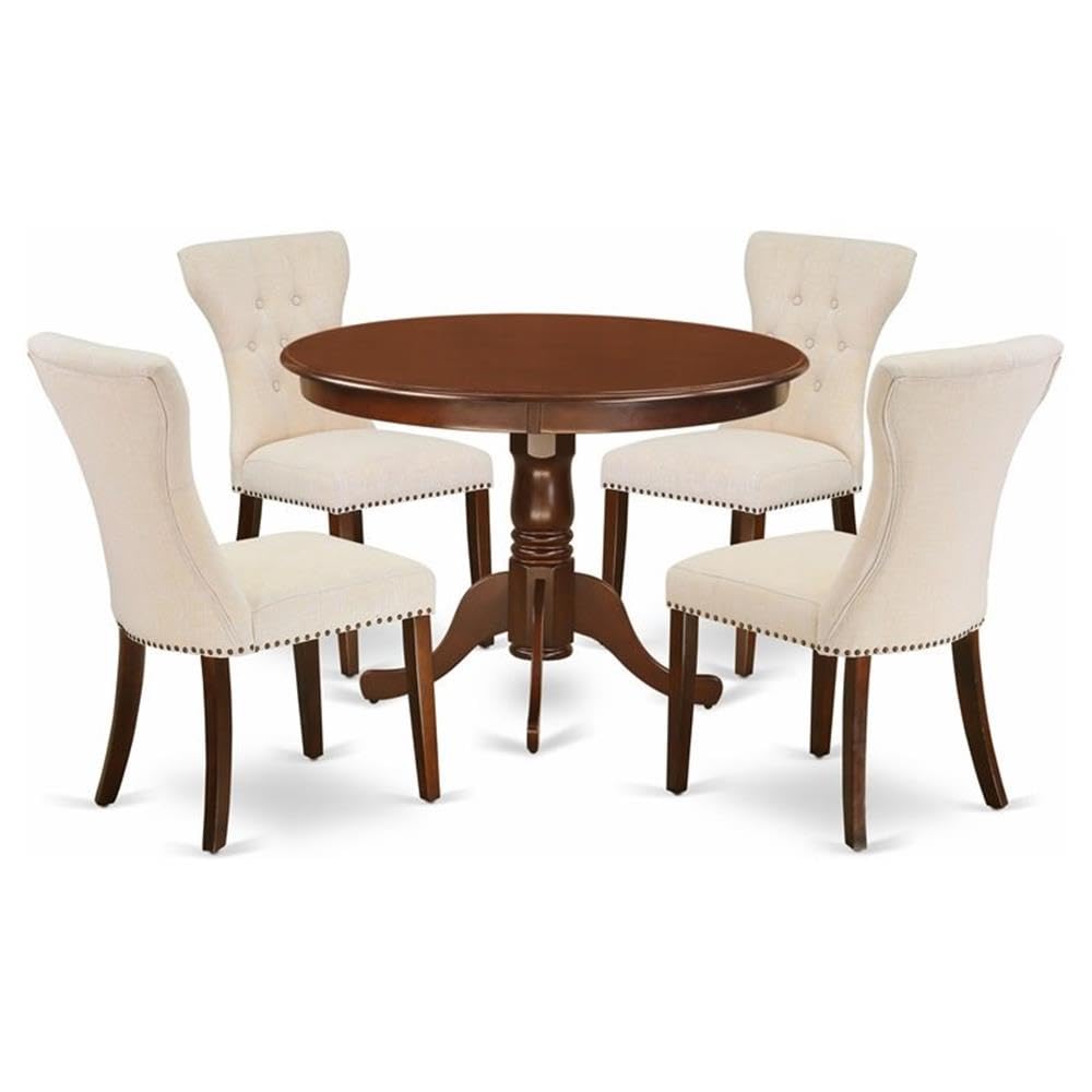 East-West Furniture HLGA5-MAH-32 5-Piece modern dining table set- 4 upholstered dining chairs and round table hardwood frame -High back & Mahogany Finish
