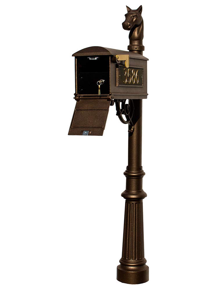 Lewiston Equine Mailbox Post System with Locking Insert, fluted base, horsehead finial and 3 cast aluminum personalized address plates, Bronze
