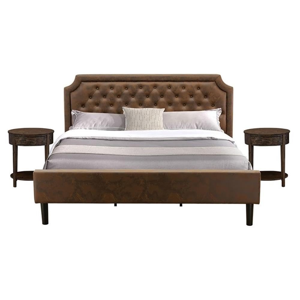GB25K-2HI07 3-Piece Granbury Bedroom Set with Button Tufted King Size Bed and 2 Distressed Jacobean Small End Table - Dark Brown Faux Leather with Black Texture and Black Legs