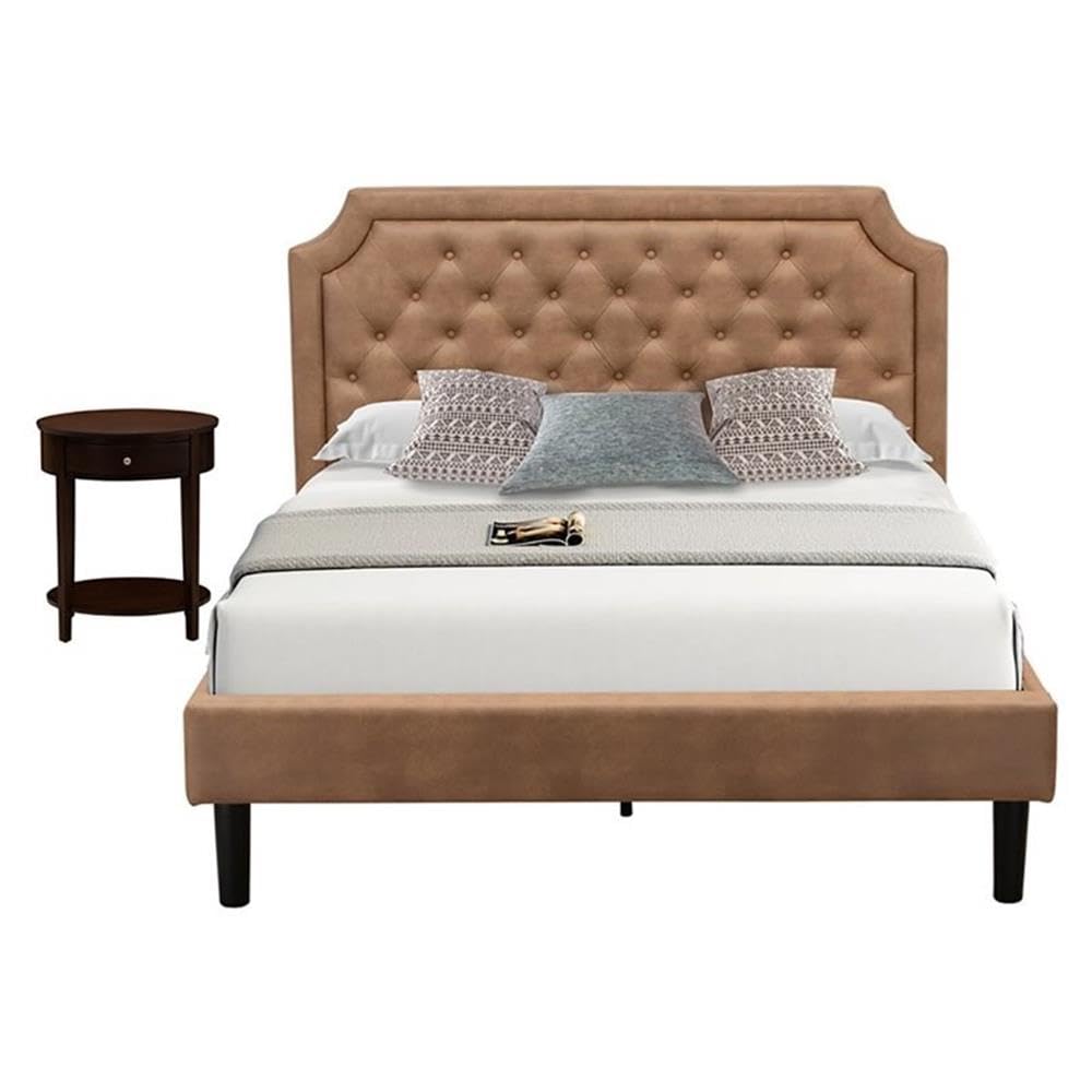 GB28Q-1HI0M 2-Pc Wooden Set for Bedroom with Queen Bed and Antique Mahogany Modern Nightstand - Brown Faux Leather and Black Legs